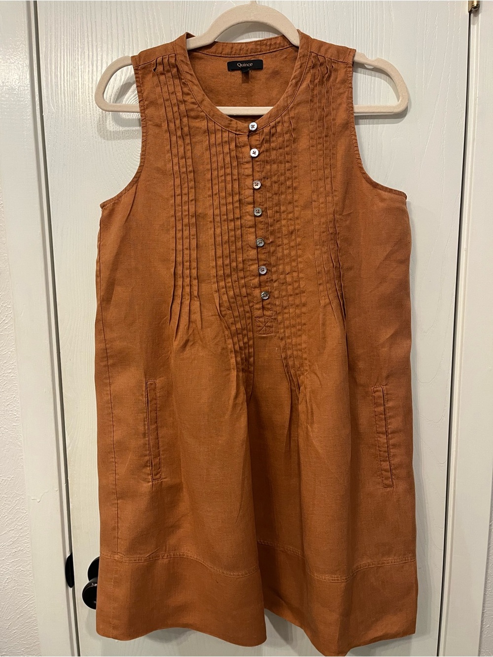 Quince Europeans Linen Sleeveless Swing Dress Terracotta Pintucks Pockets Small
